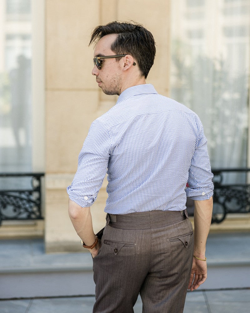 chemise homme de luxe haut de gamme : Chemise seersucker rayures bleu clair col français